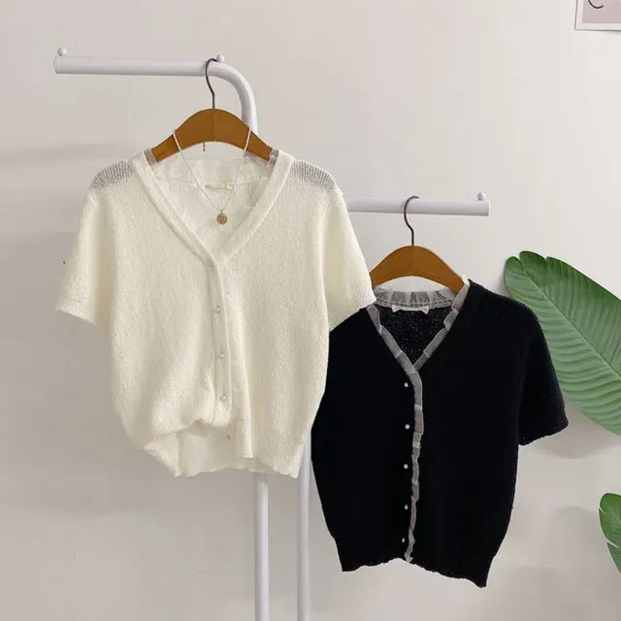 Bell Lace Pearl Short-Sleeve Cardigan