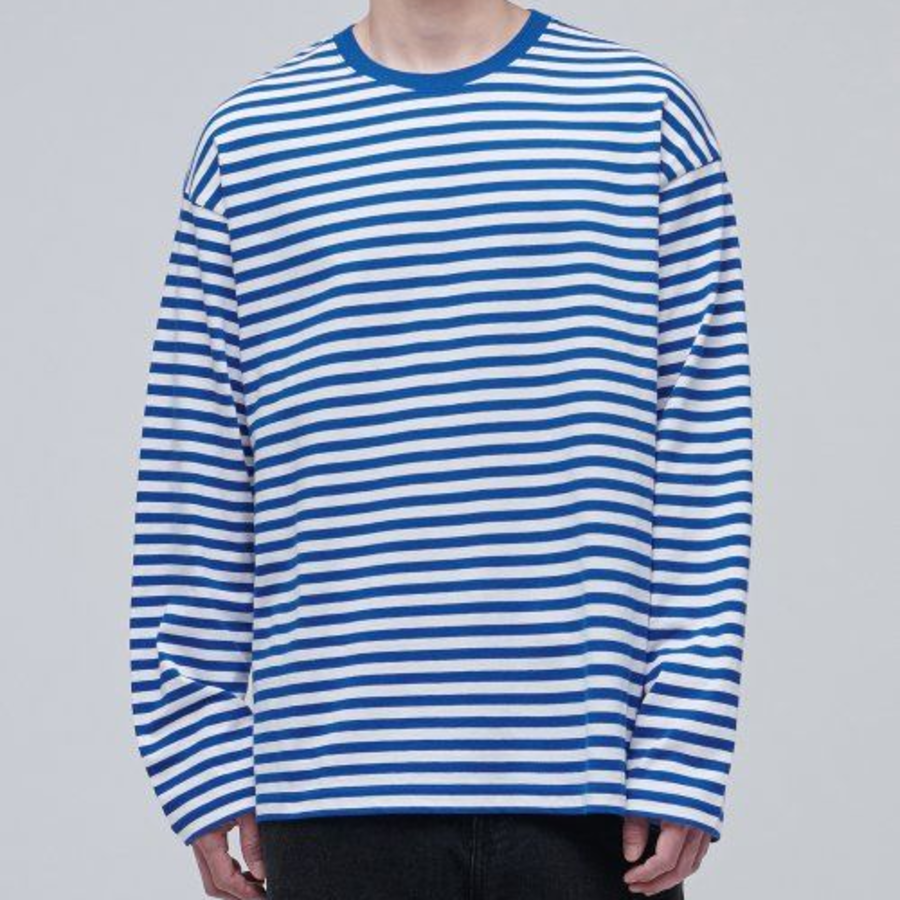 Stripe Relaxed Crew Neck Long Sleeve T-Shirt [Blue]