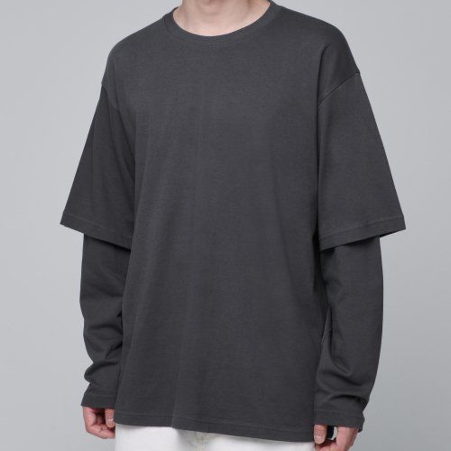 Oversized Crew Neck Layered Sleeve T-Shirt [Gunmetal]
