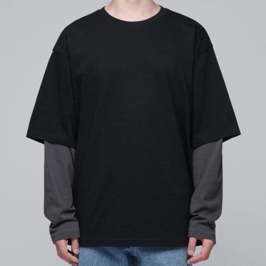 Oversized Crew Neck Layered Sleeve T-Shirt [Black/Grey]