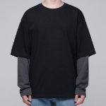 Oversized Crew Neck Layered Sleeve T-Shirt [Black/Grey]