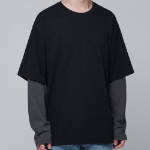 Oversized Crew Neck Layered Sleeve T-Shirt [Black/Grey]