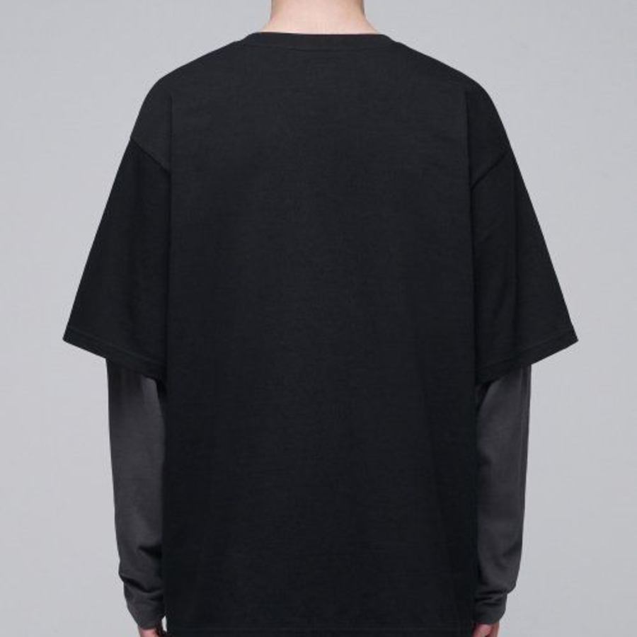 Oversized Crew Neck Layered Sleeve T-Shirt [Black/Grey]