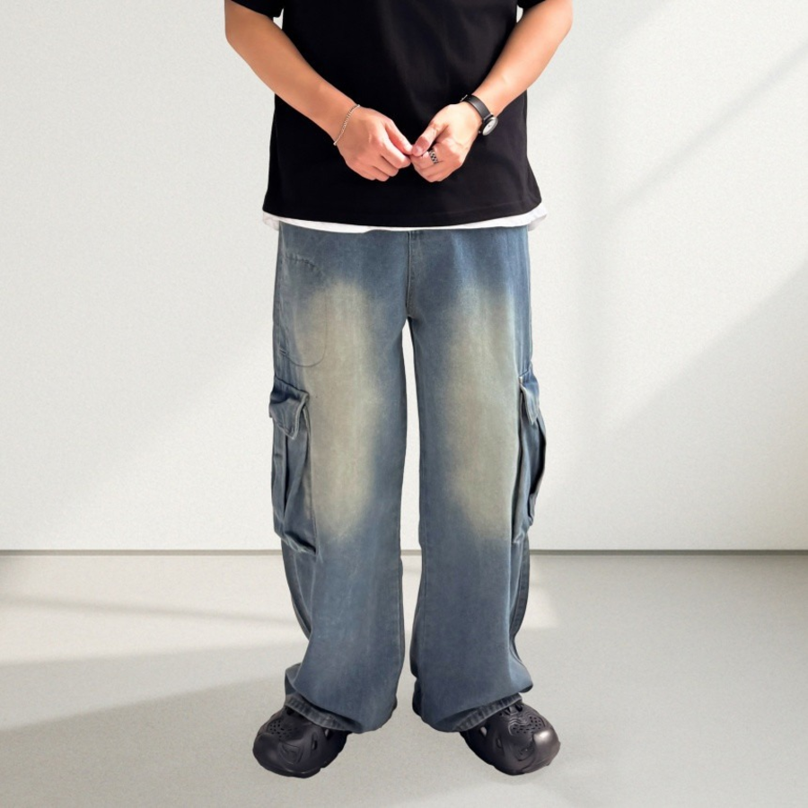 Balloon Wide Back-Banding Big Cargo Pocket Denim Jeans