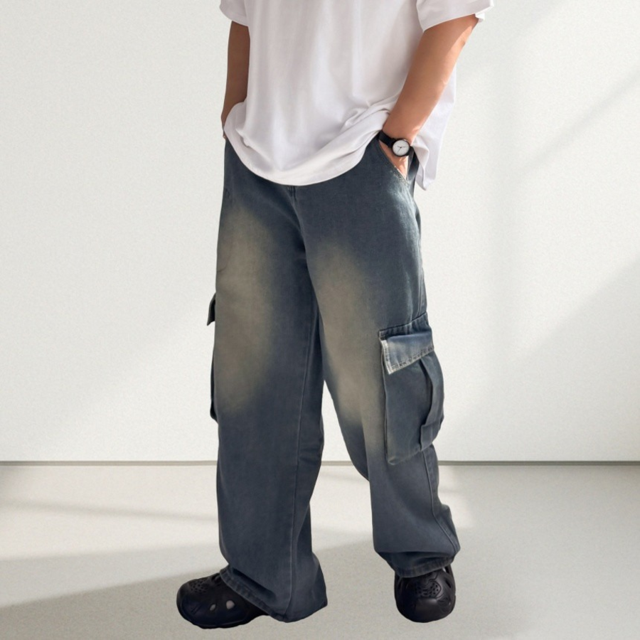 Balloon Wide Back-Banding Big Cargo Pocket Denim Jeans