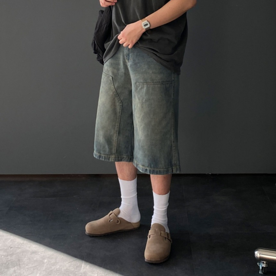 7-Part Sand Washing Bermuda Wide Shorts Denim Pants