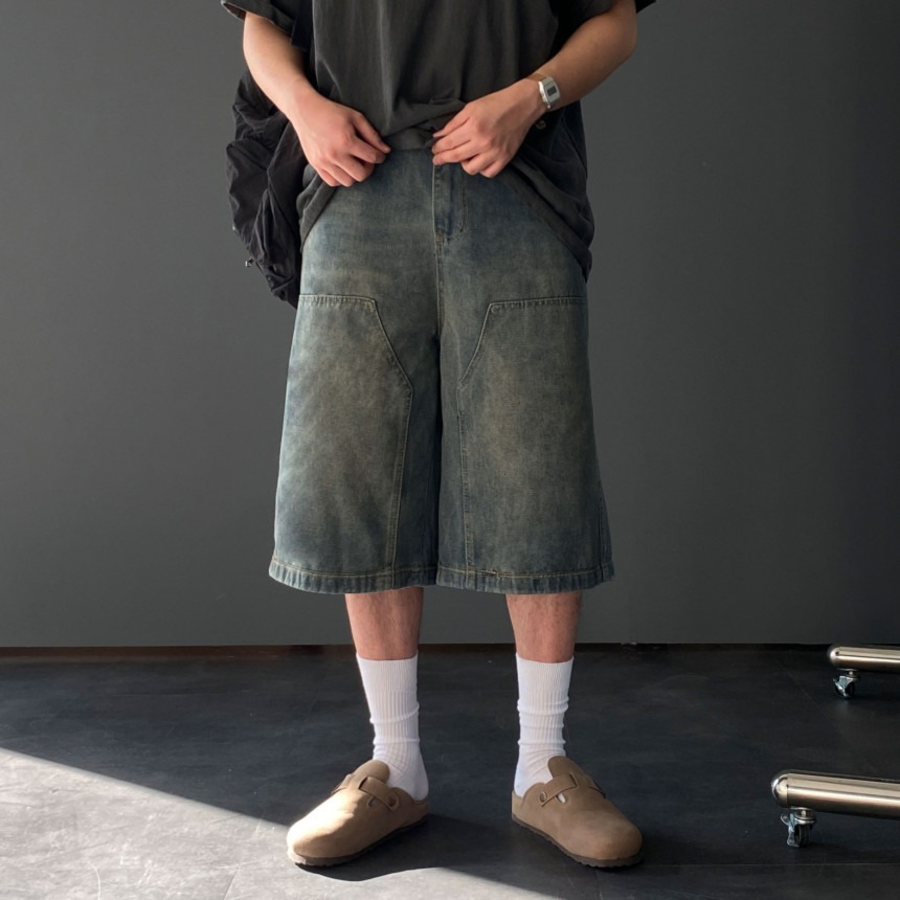 7-Part Sand Washing Bermuda Wide Shorts Denim Pants