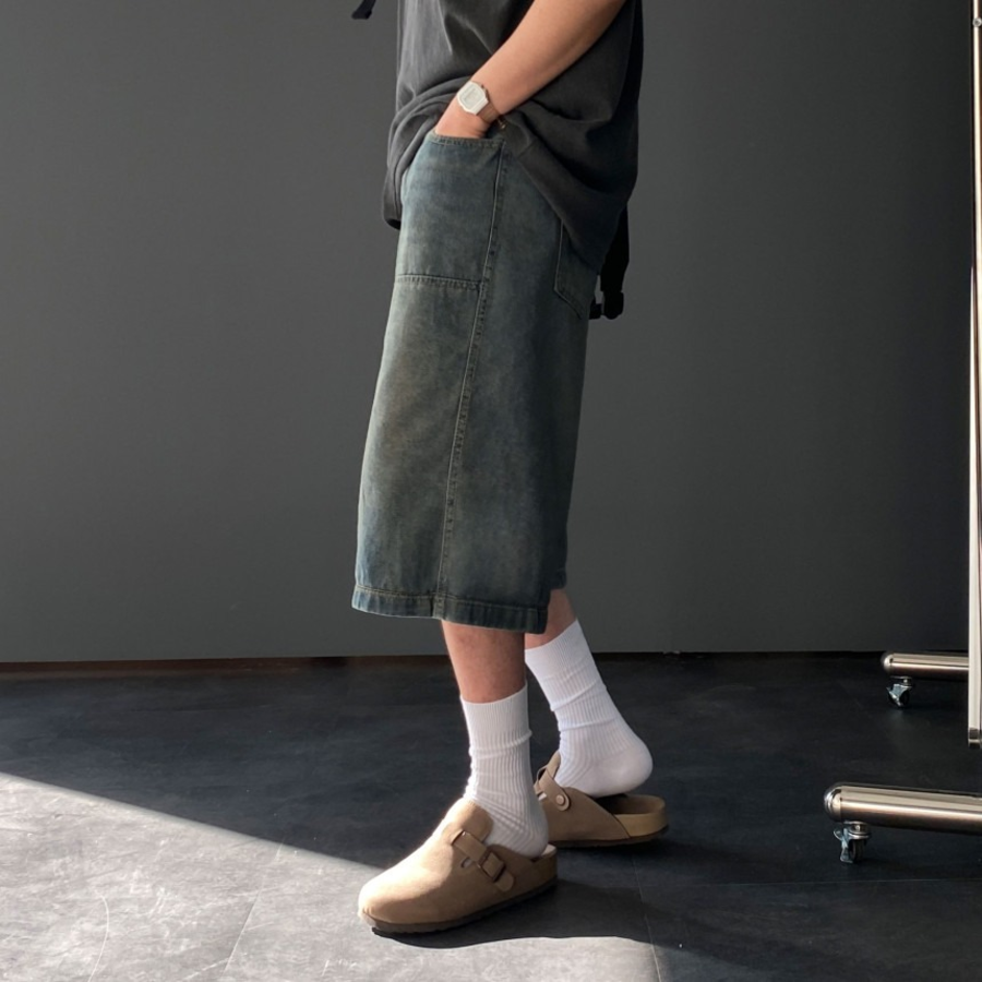 7-Part Sand Washing Bermuda Wide Shorts Denim Pants