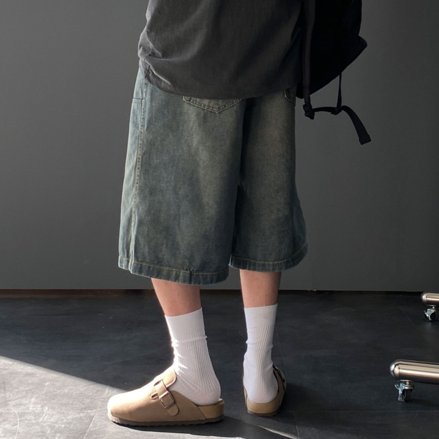 7-Part Sand Washing Bermuda Wide Shorts Denim Pants