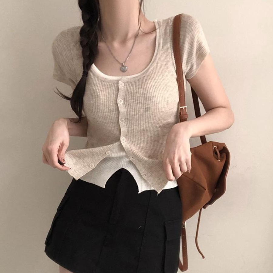 Rio Layered Colorblock Ribbed Knit Short-Sleeve Cardigan