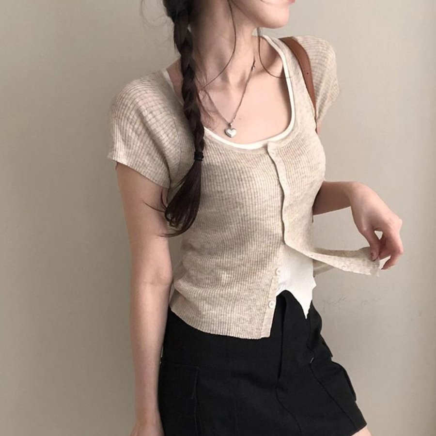 Rio Layered Colorblock Ribbed Knit Short-Sleeve Cardigan