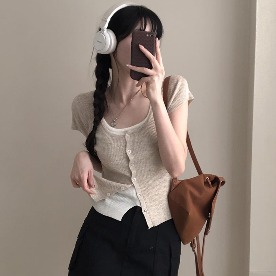 Rio Layered Colorblock Ribbed Knit Short-Sleeve Cardigan