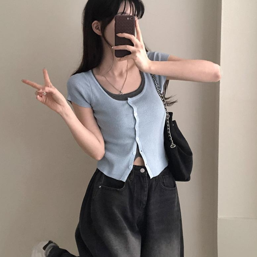 Rio Layered Colorblock Ribbed Knit Short-Sleeve Cardigan