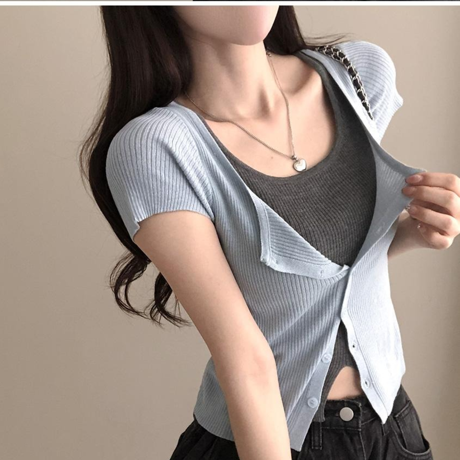 Rio Layered Colorblock Ribbed Knit Short-Sleeve Cardigan