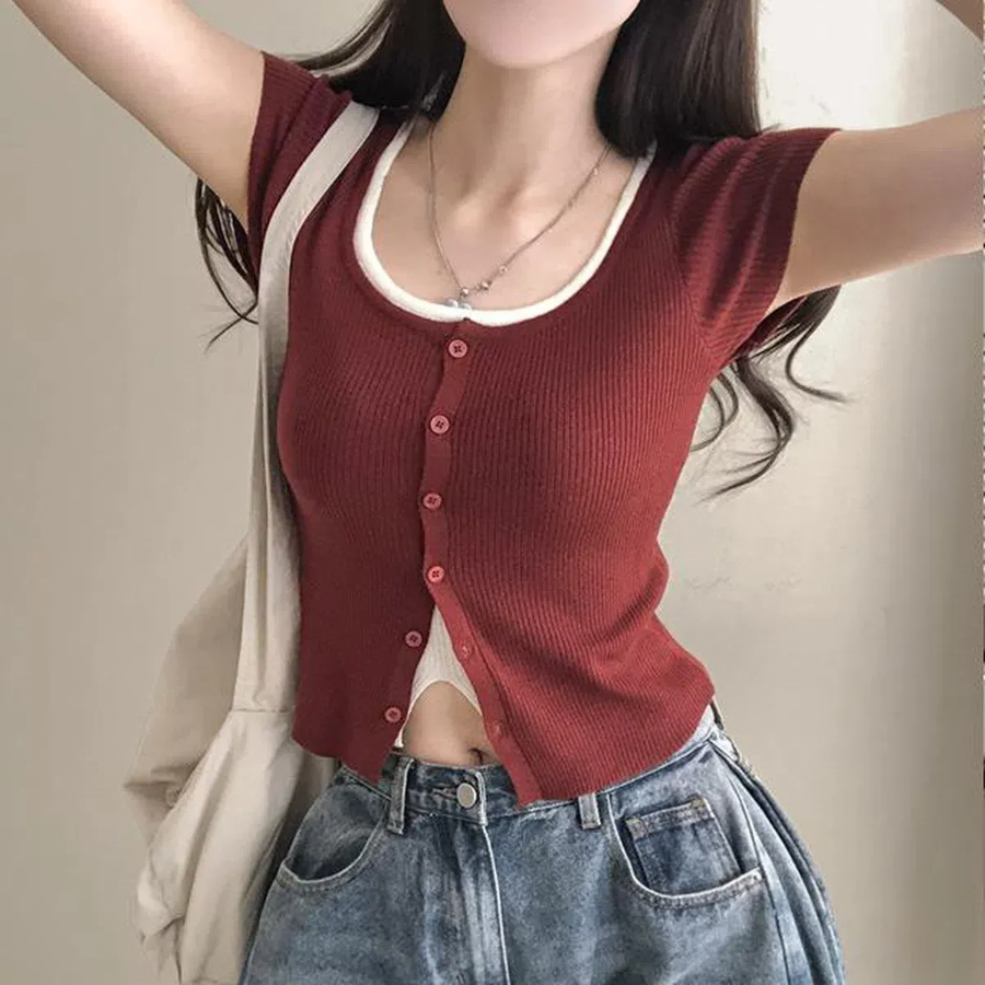 Rio Layered Colorblock Ribbed Knit Short-Sleeve Cardigan