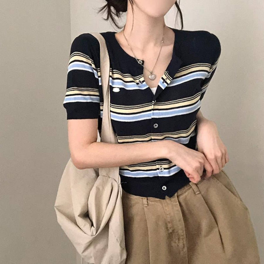 Ranff Stripe Silver Pendant Patch Knit Cardigan