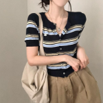 Ranff Stripe Silver Pendant Patch Knit Cardigan