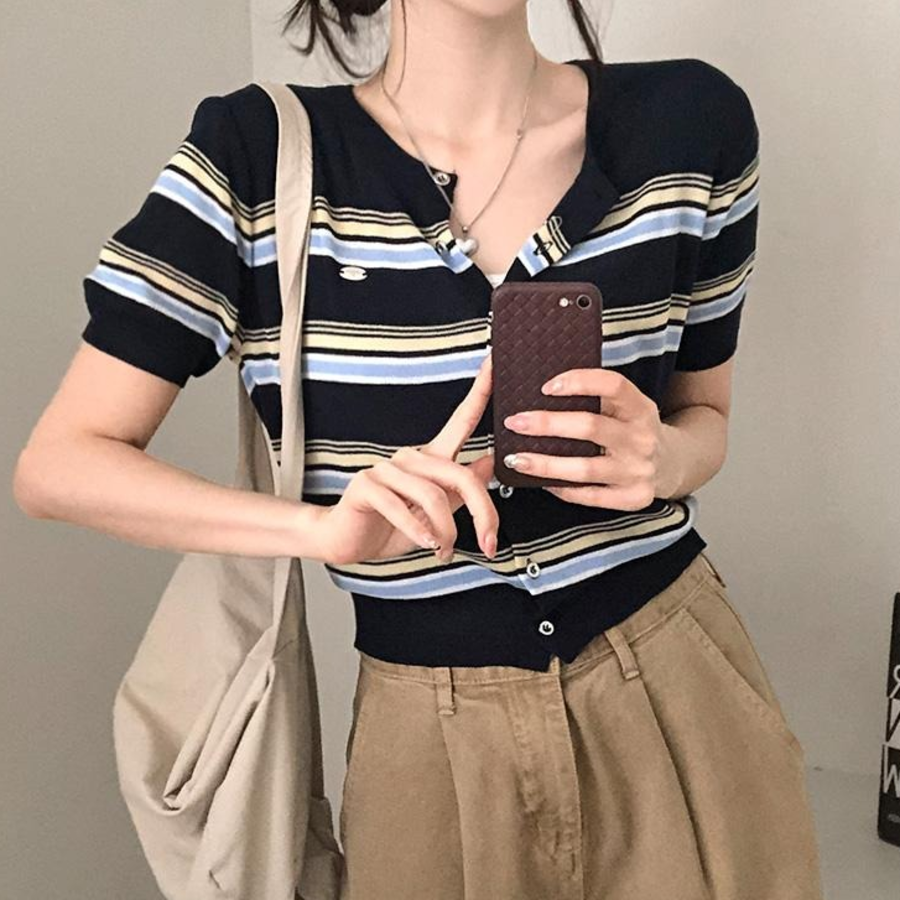 Ranff Stripe Silver Pendant Patch Knit Cardigan