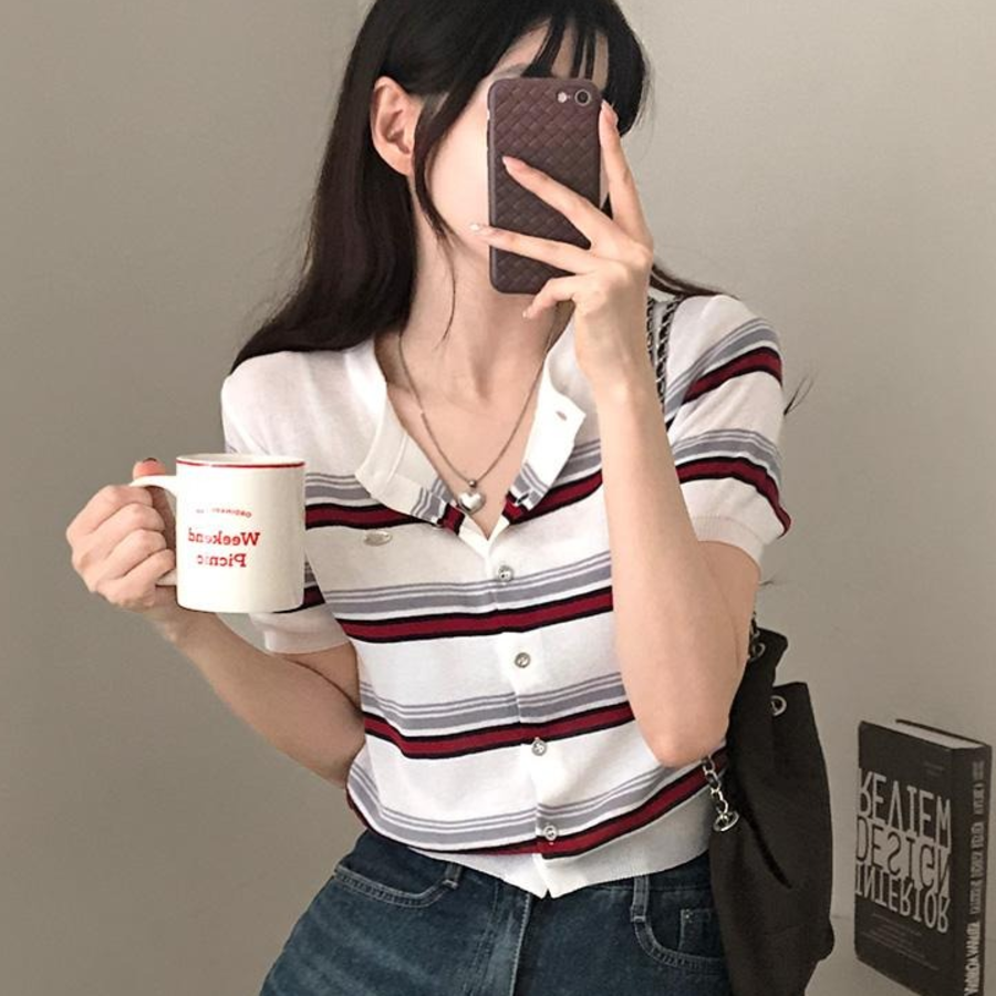 Ranff Stripe Silver Pendant Patch Knit Cardigan