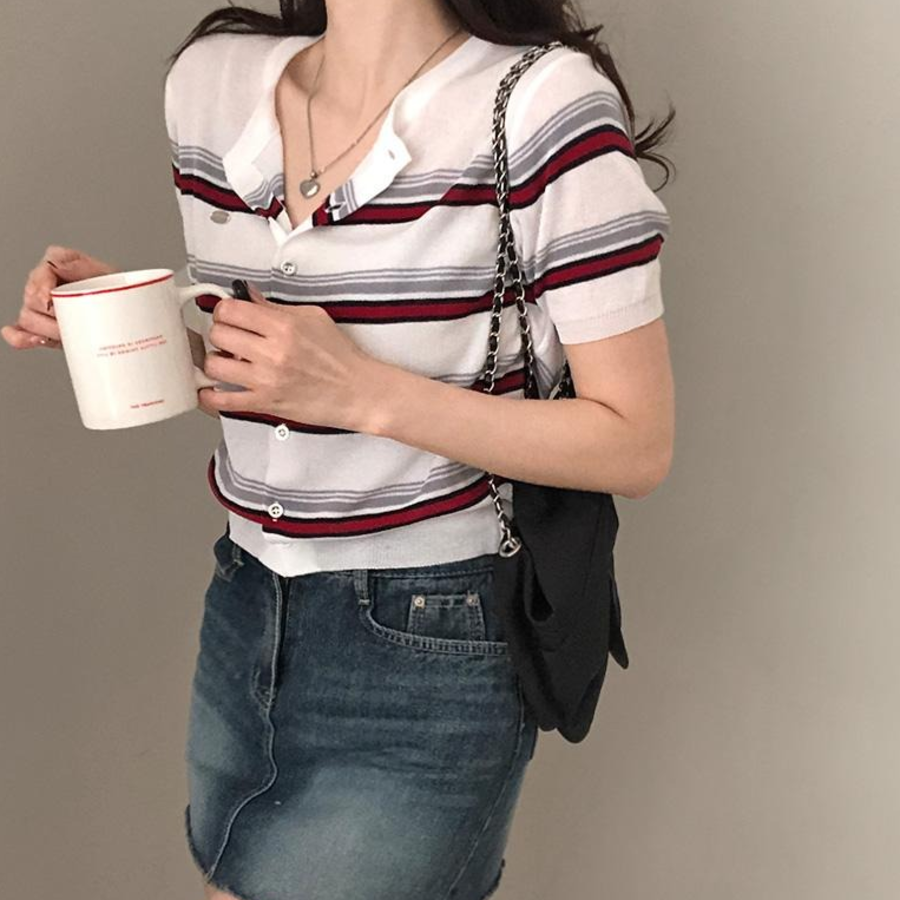 Ranff Stripe Silver Pendant Patch Knit Cardigan