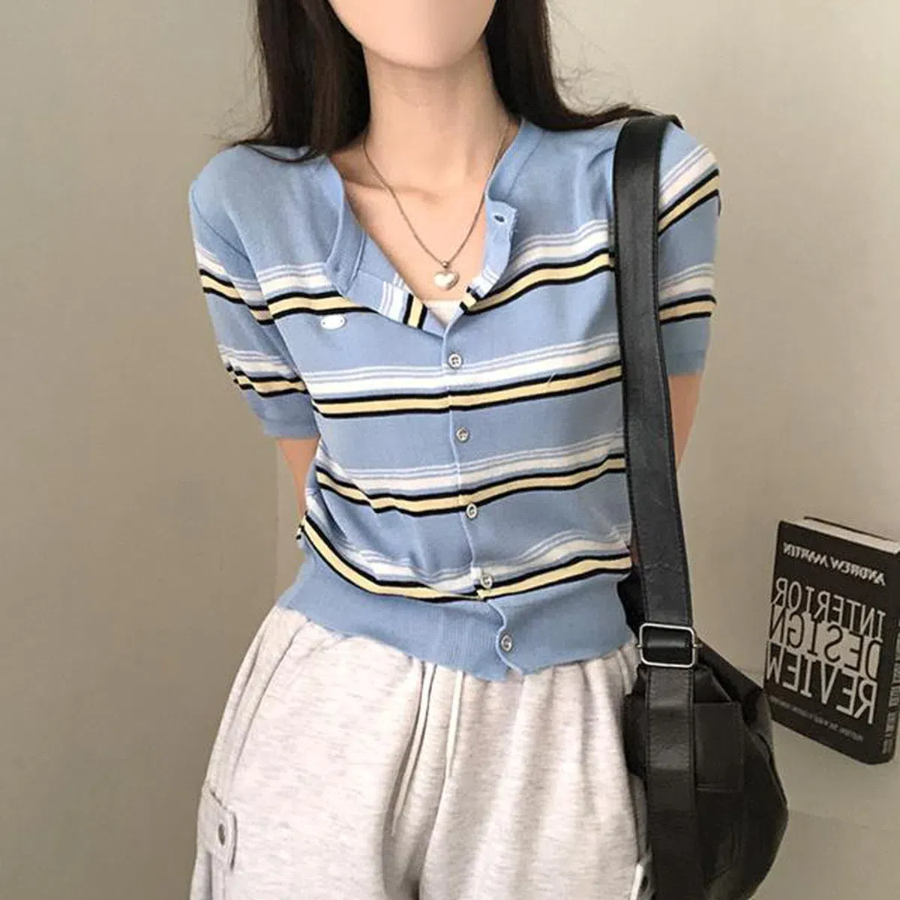 Ranff Stripe Silver Pendant Patch Knit Cardigan