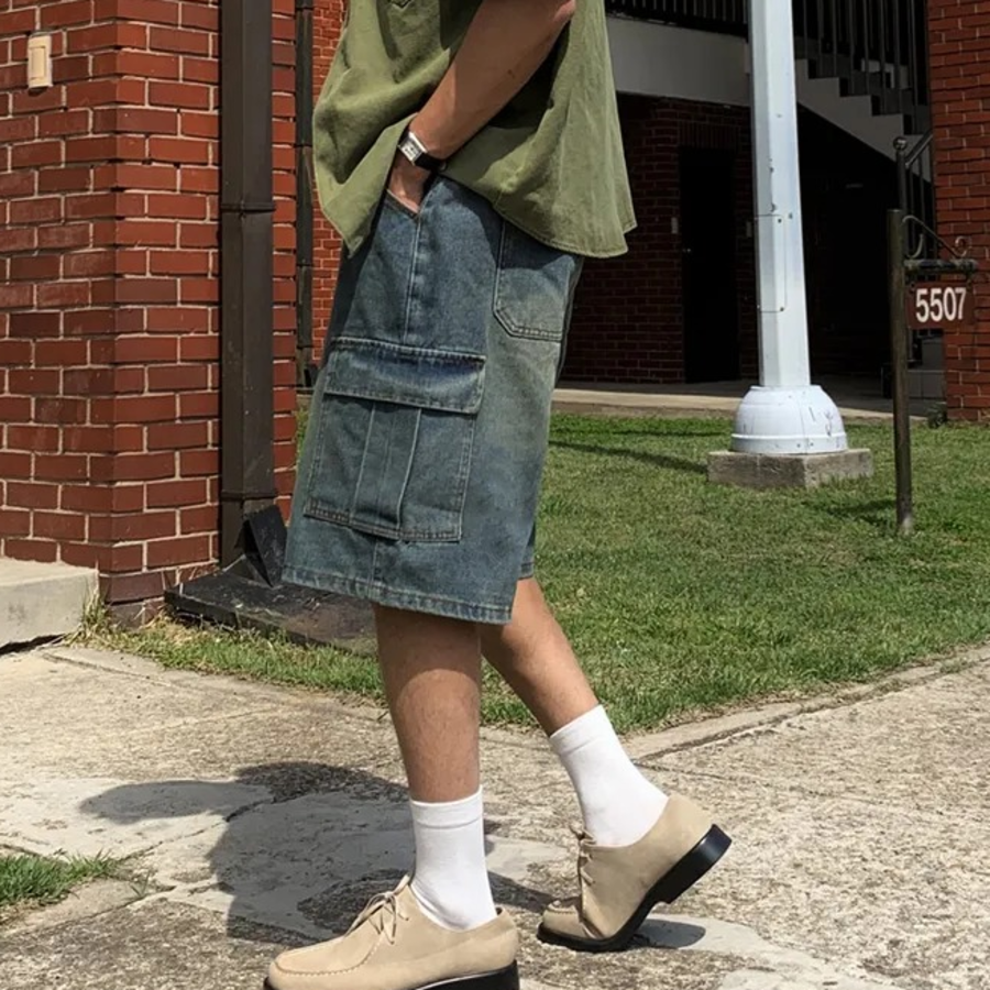 Tissue Vintage Washed Wide Bermuda Denim Shorts