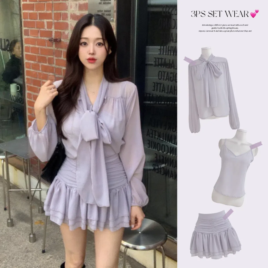 Трёхпредметный комплект: шифоновая блузка с бантом, майка и мини-юбка с рюшами и шортиками