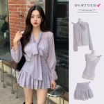 Трёхпредметный комплект: шифоновая блузка с бантом, майка и мини-юбка с рюшами и шортиками