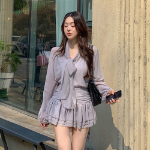 Трёхпредметный комплект: шифоновая блузка с бантом, майка и мини-юбка с рюшами и шортиками