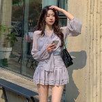 Трёхпредметный комплект: шифоновая блузка с бантом, майка и мини-юбка с рюшами и шортиками