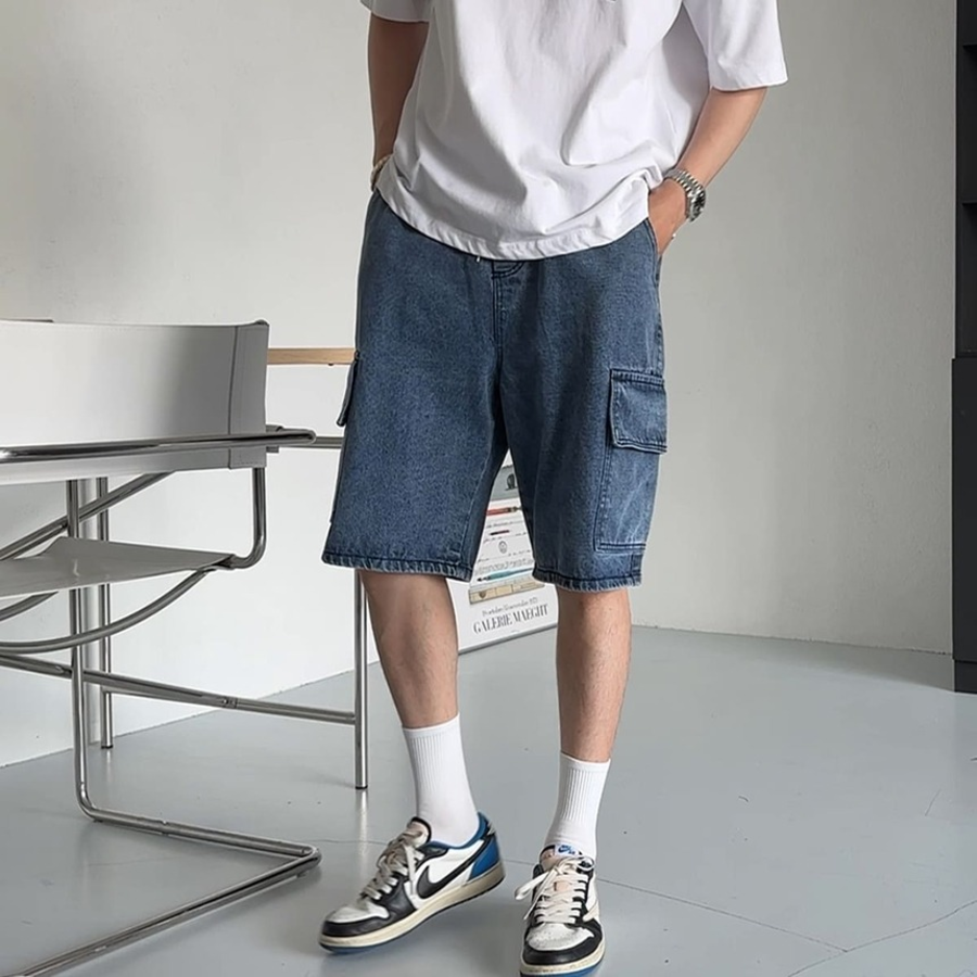 Ocean One-Tuck Cargo Denim Shorts