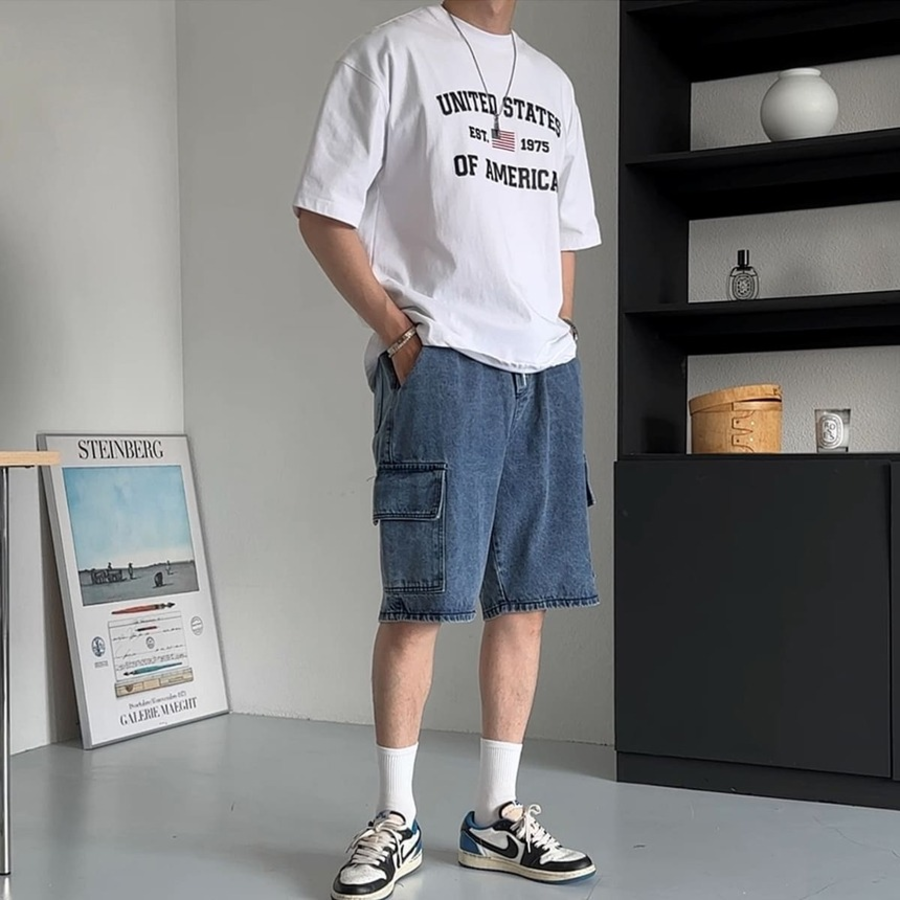 Ocean One-Tuck Cargo Denim Shorts