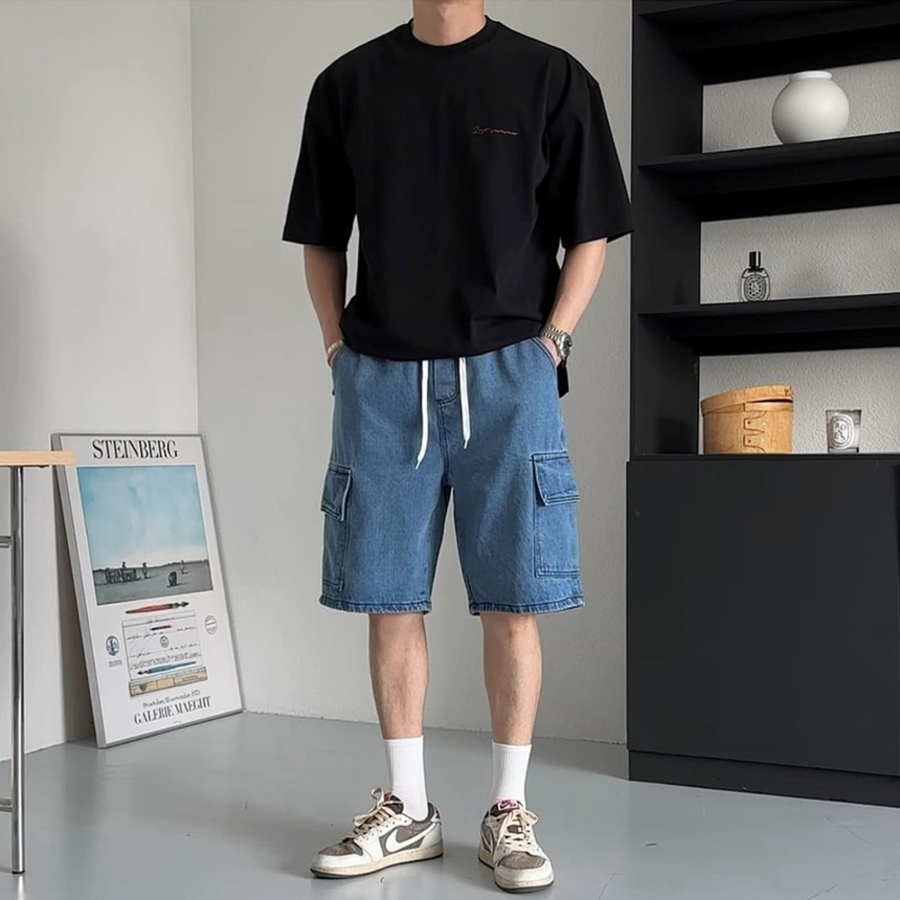 Ocean One-Tuck Cargo Denim Shorts