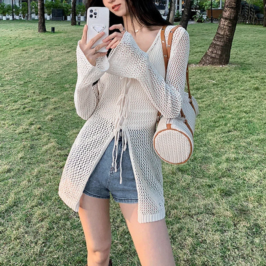 Bow Mesh See-Through Knit Cardigan