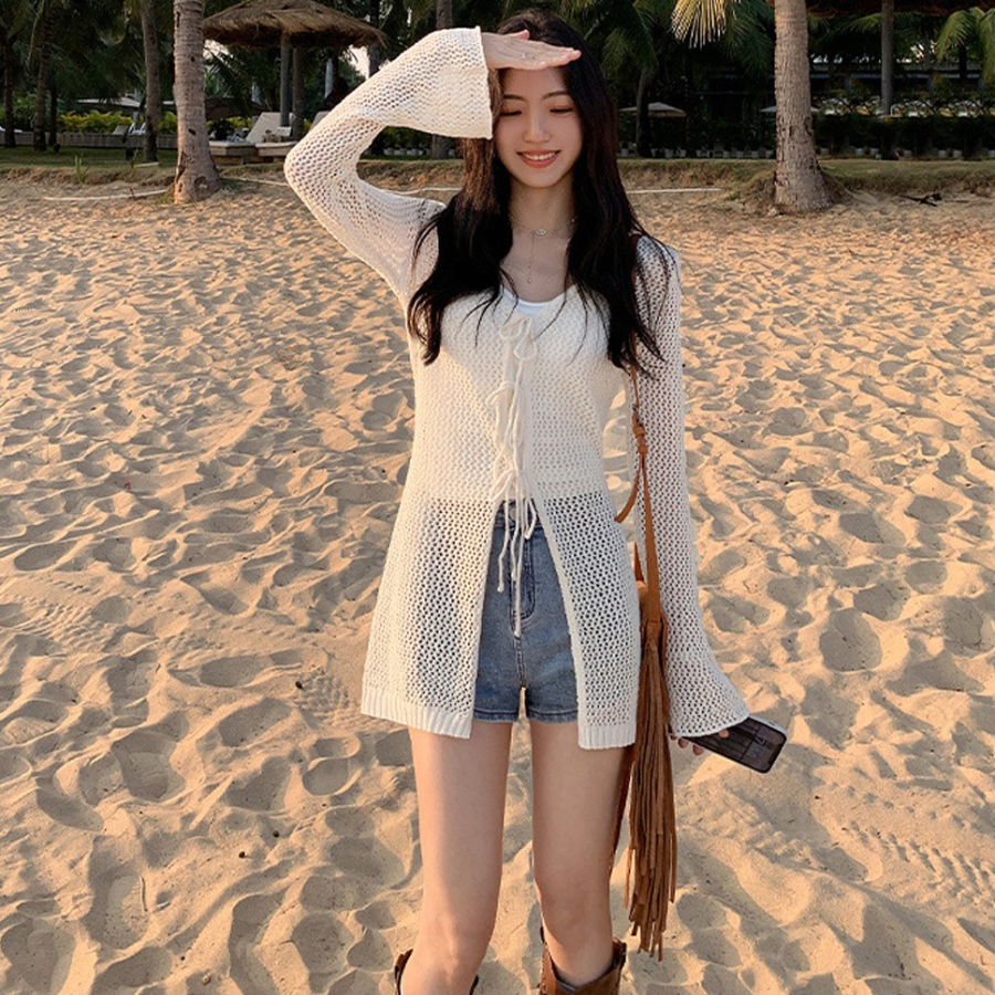 Bow Mesh See-Through Knit Cardigan