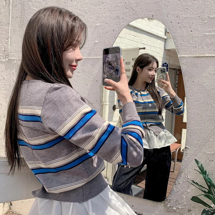 Mielu Three-Color Striped Crew Neck Cardigan