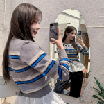 Mielu Three-Color Striped Crew Neck Cardigan