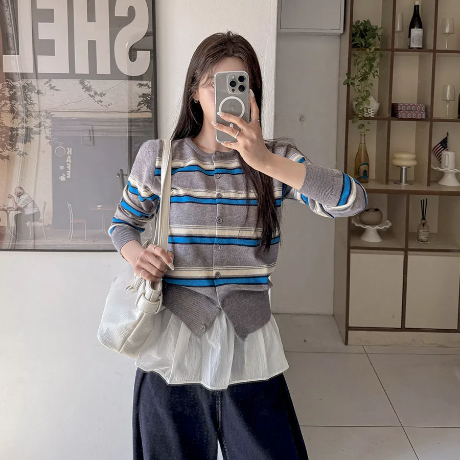 Mielu Three-Color Striped Crew Neck Cardigan