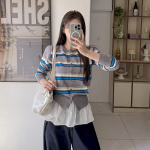 Mielu Three-Color Striped Crew Neck Cardigan