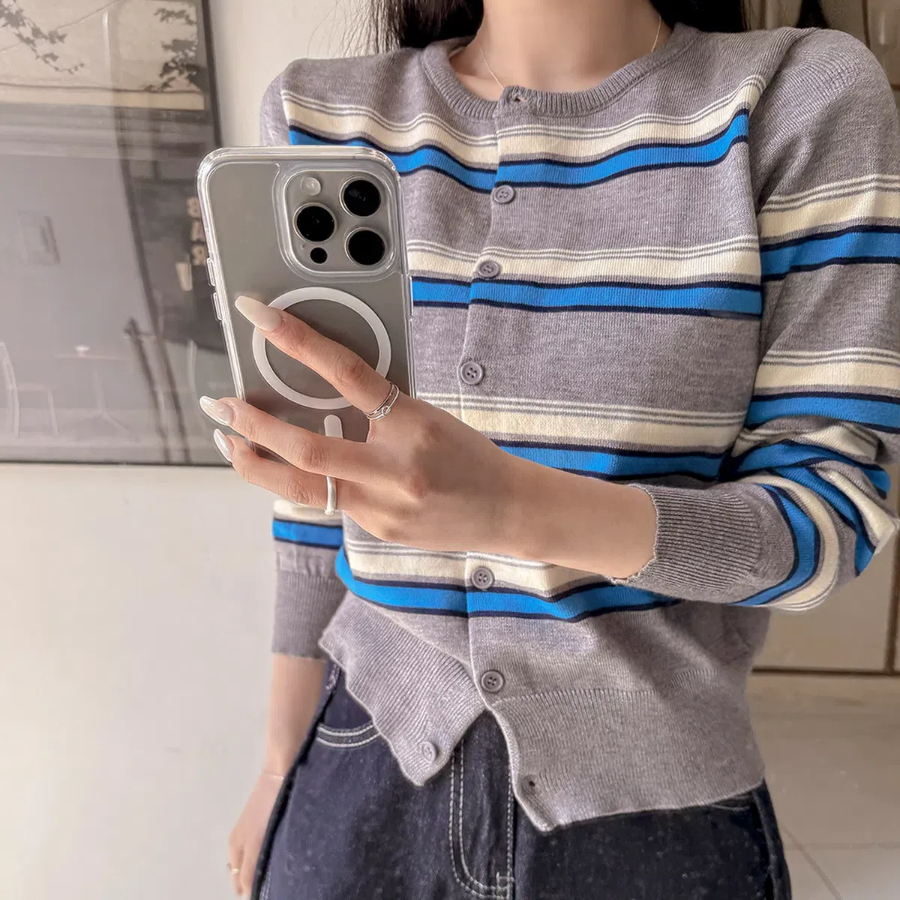 Mielu Three-Color Striped Crew Neck Cardigan