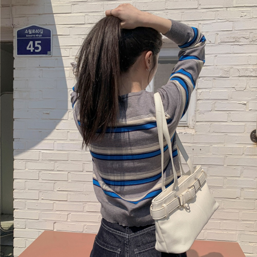 Mielu Three-Color Striped Crew Neck Cardigan