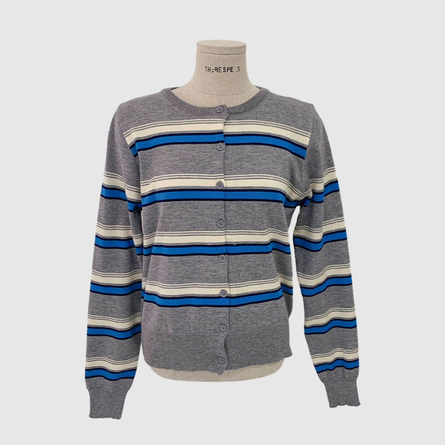 Mielu Three-Color Striped Crew Neck Cardigan