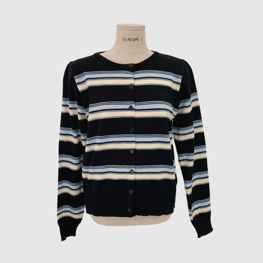 Mielu Three-Color Striped Crew Neck Cardigan