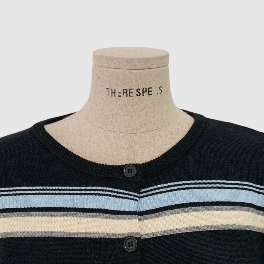 Mielu Three-Color Striped Crew Neck Cardigan