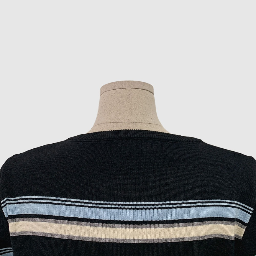 Mielu Three-Color Striped Crew Neck Cardigan