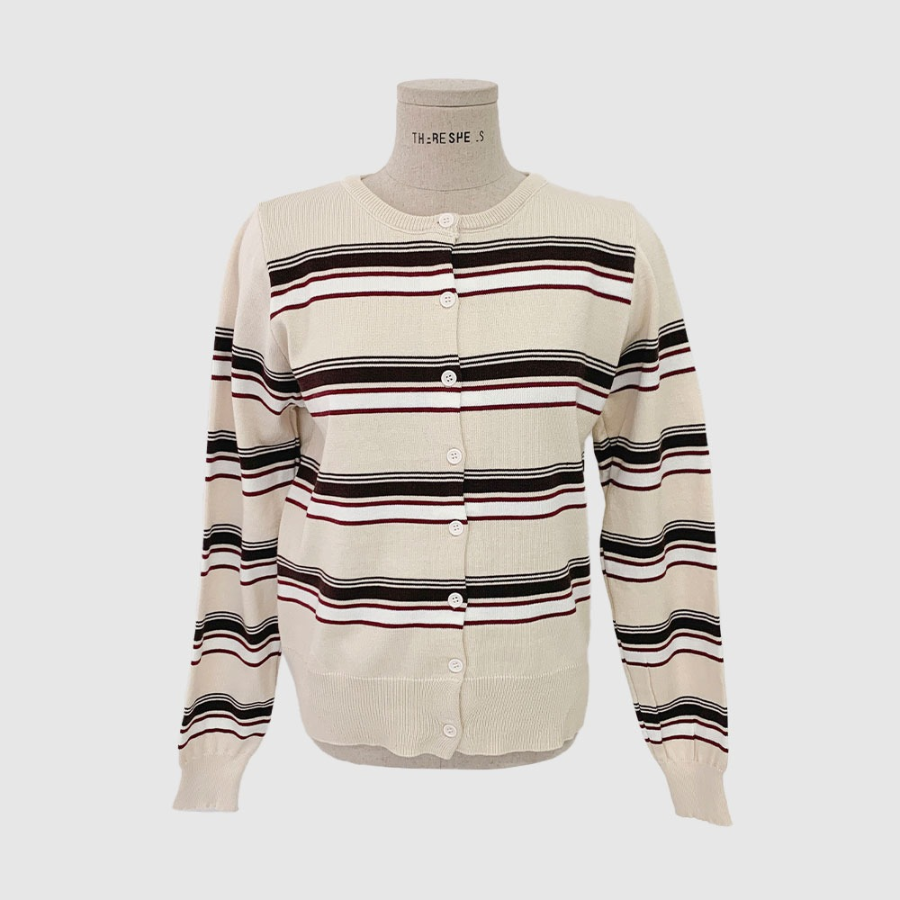 Mielu Three-Color Striped Crew Neck Cardigan