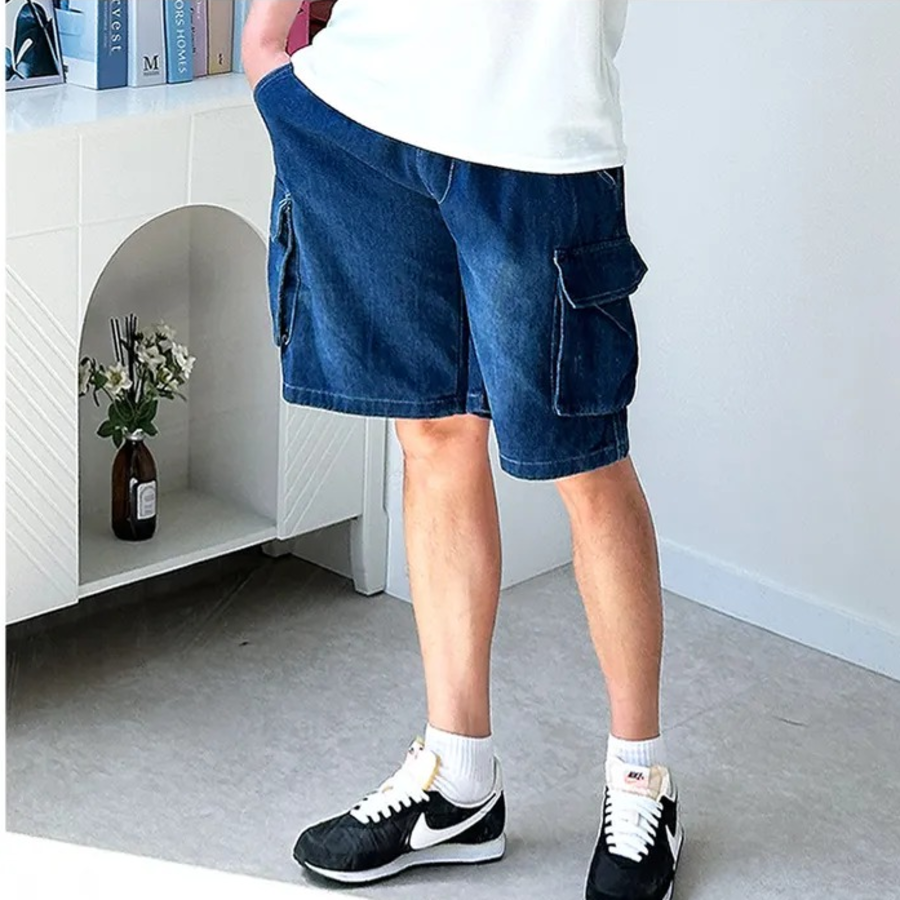 Loose Fit Denim Cargo Bermuda Shorts