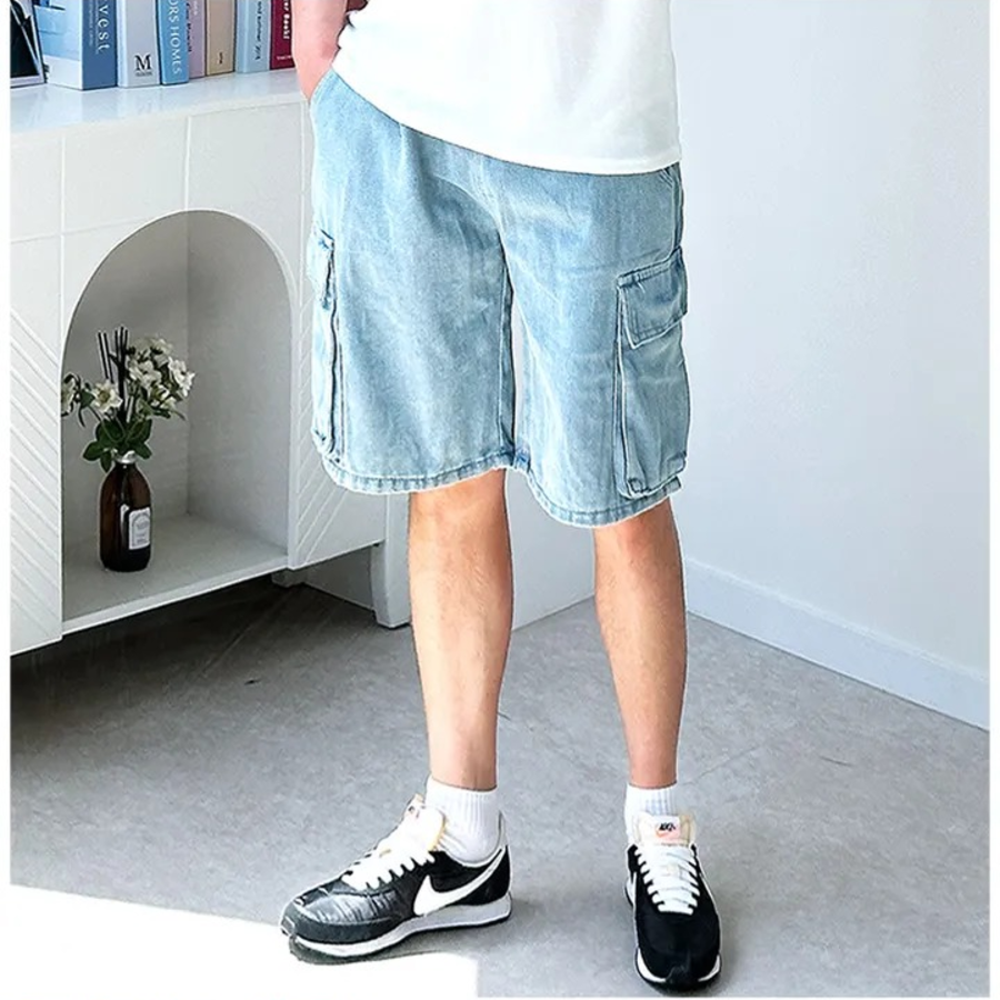 Loose Fit Denim Cargo Bermuda Shorts