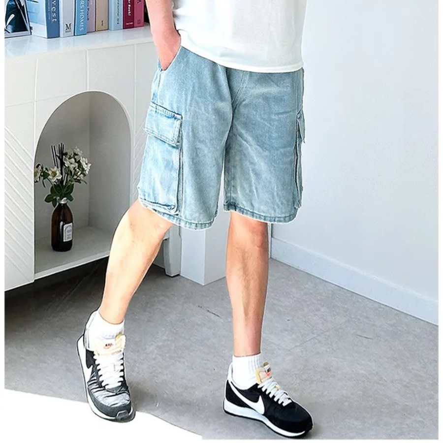 Loose Fit Denim Cargo Bermuda Shorts
