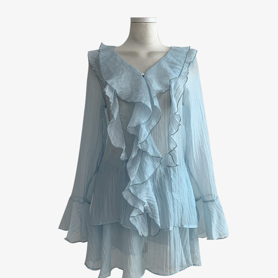 Шифоновая блузка с рюшами и прозрачными рукавами + мини-юбка А-силуэта с поясом на резинке